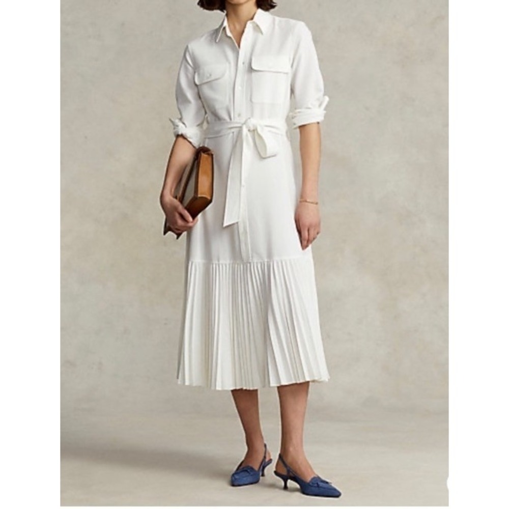 POLO Ralph Lauren Shirt Dress Belted Split Hem Size 4 Pleated Lower Hem Ivory‎ - Picture 8 of 12